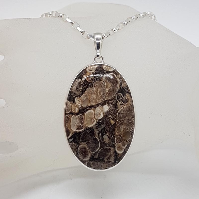 Sterling Silver Turritella Agate Fossil Large Oval Pendant on Silver Chain