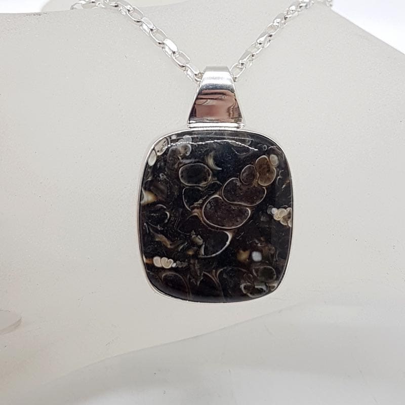 Sterling Silver Turritella Agate Fossil Large Square Pendant on Silver Chain