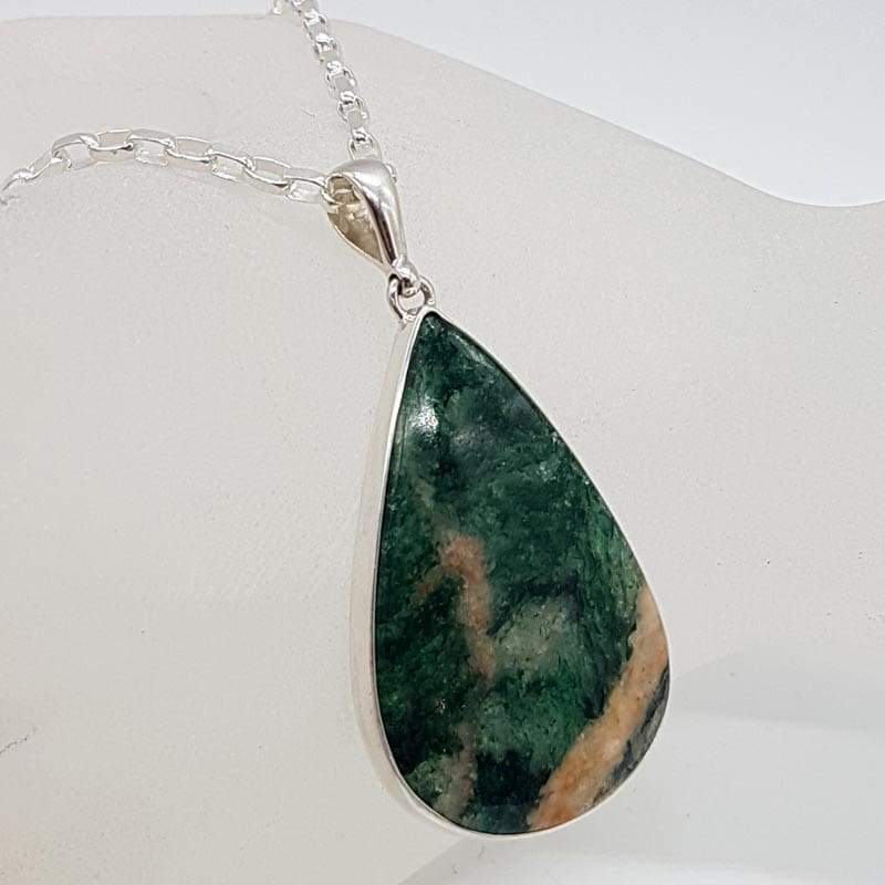 Sterling Silver Aventurine Teardrop / Pear Shaped Large Pendant on Silver Chain