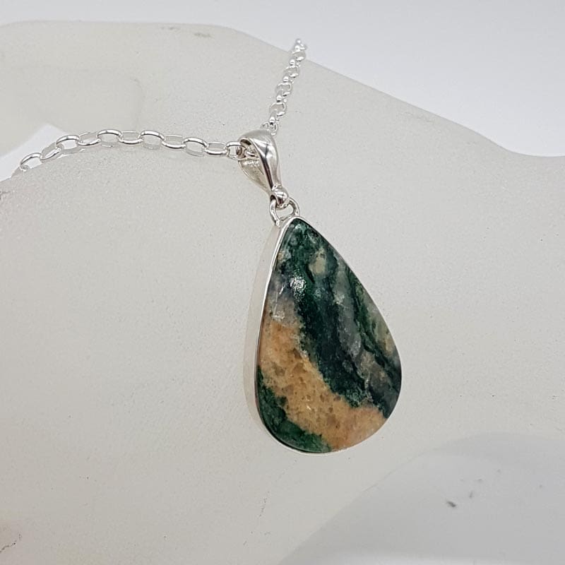 Sterling Silver Aventurine Teardrop / Pear Shaped Bezel Set Pendant on Silver Chain