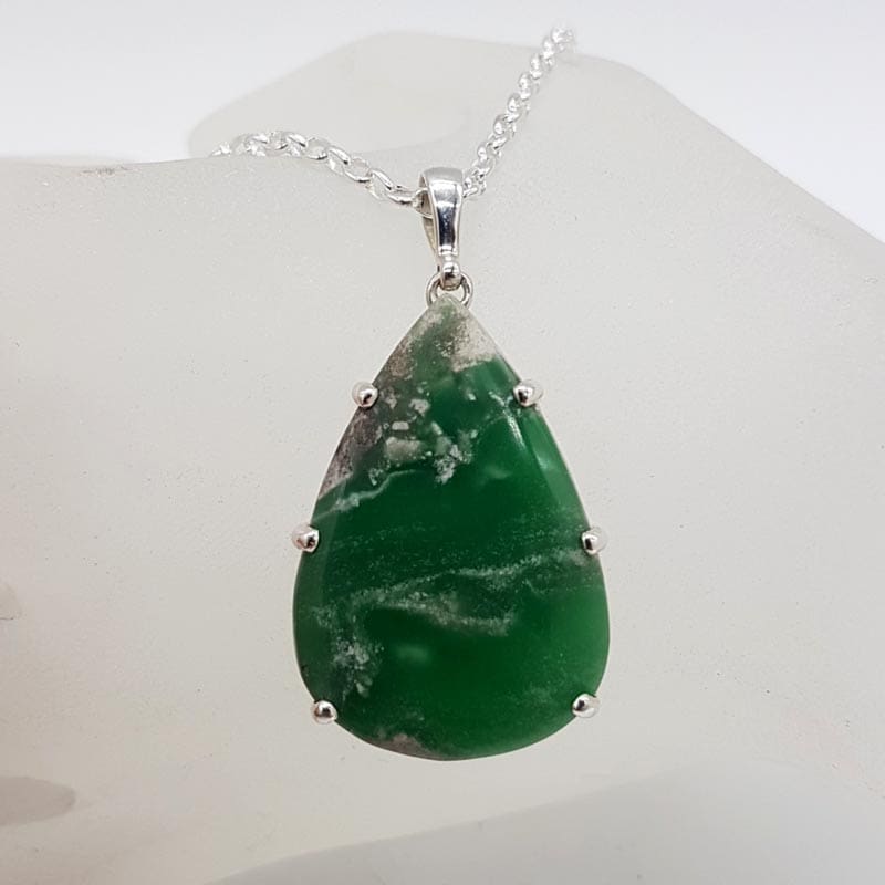 Sterling Silver Variscite Large Teardrop / Pear Shaped Bezel Set Pendant on Silver Chain