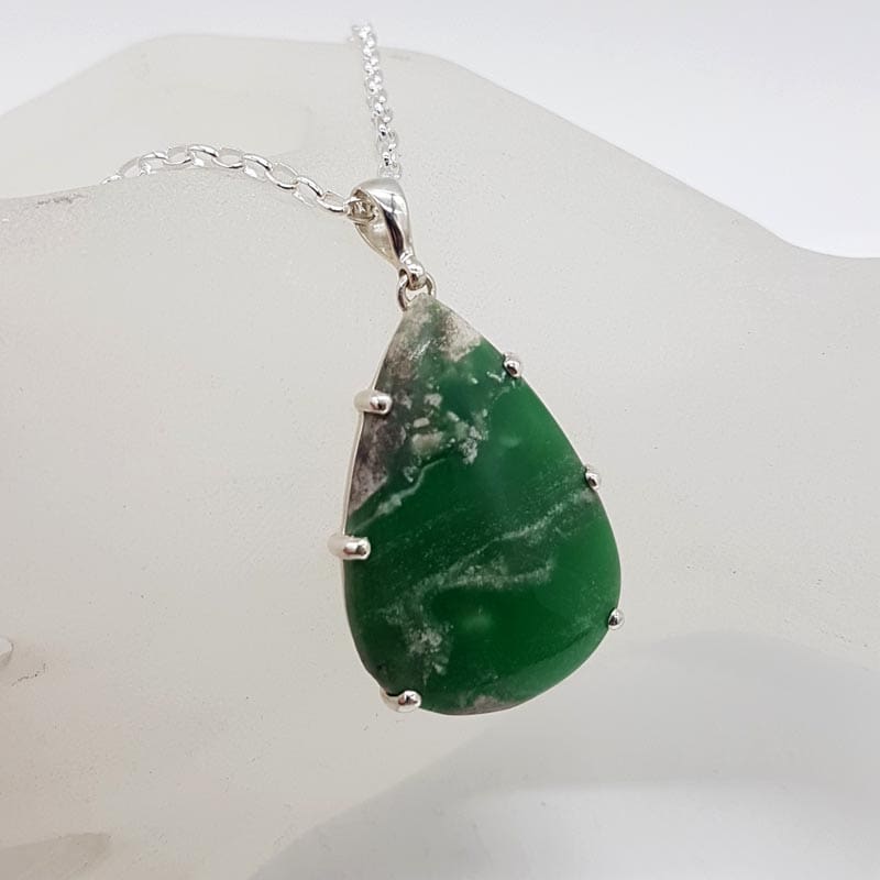 Sterling Silver Variscite Large Teardrop / Pear Shaped Bezel Set Pendant on Silver Chain