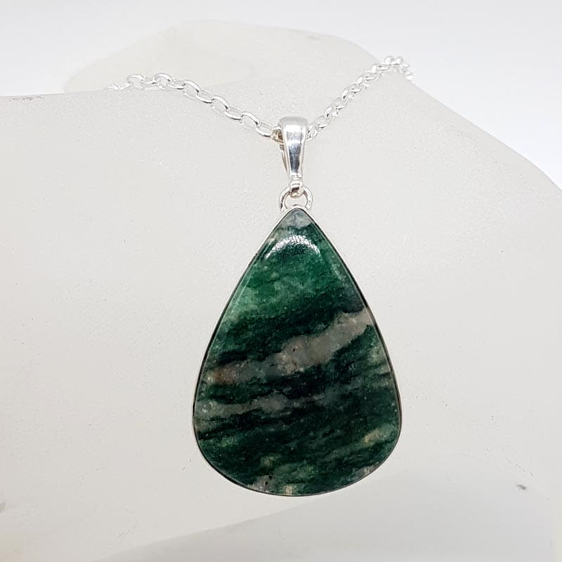 Sterling Silver Aventurine Large Teardrop / Pear Shaped Bezel Set Pendant on Silver Chain