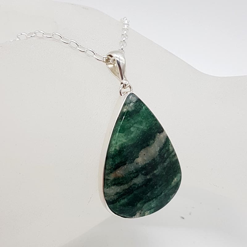 Sterling Silver Aventurine Large Teardrop / Pear Shaped Bezel Set Pendant on Silver Chain