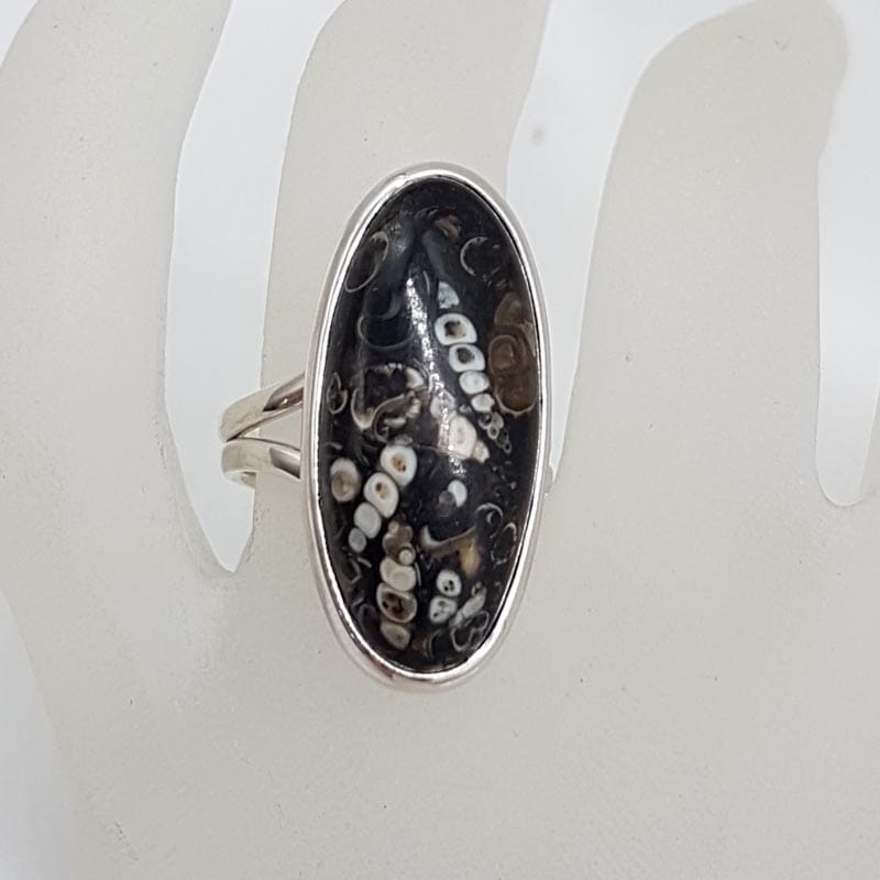 Sterling Silver Large Turritella Agate Fossil Oval Ring