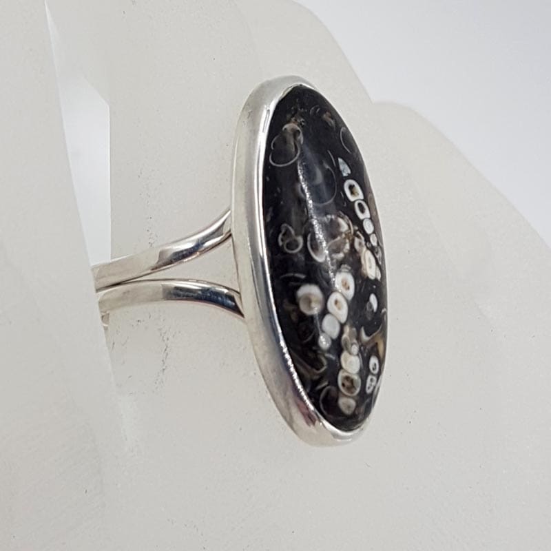 Sterling Silver Large Turritella Agate Fossil Oval Ring