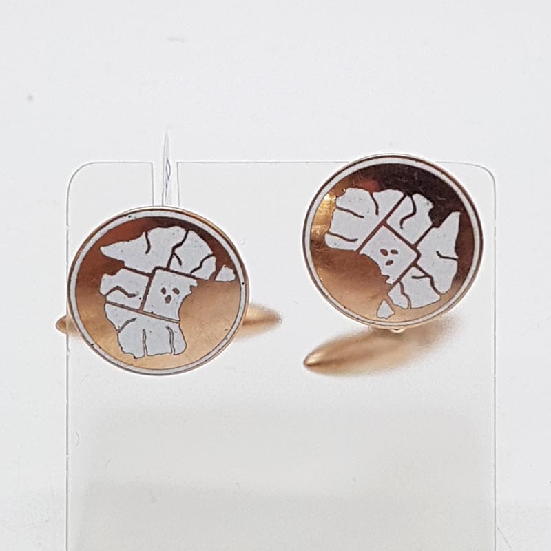 9ct Rose Gold and White Enamel Round Australia Map Cufflinks - Antique / Vintage