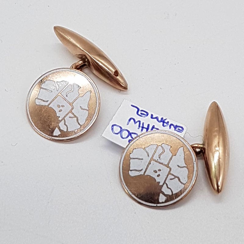 9ct Rose Gold and White Enamel Round Australia Map Cufflinks - Antique / Vintage