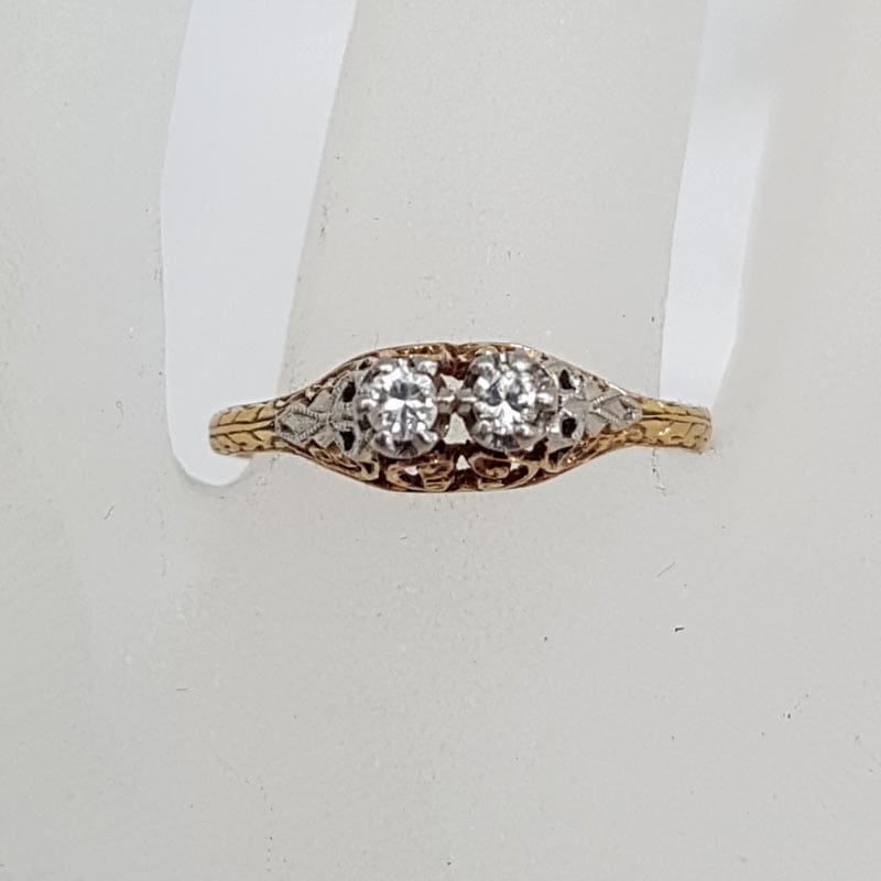 18ct Yellow Gold &amp; Platinum Ornate Filigree "Et Toi Et Moi" Diamond Engagement Ring / Dress Ring - Antique / Vintage