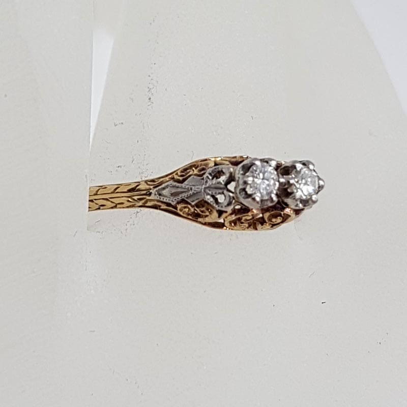 18ct Yellow Gold &amp; Platinum Ornate Filigree "Et Toi Et Moi" Diamond Engagement Ring / Dress Ring - Antique / Vintage