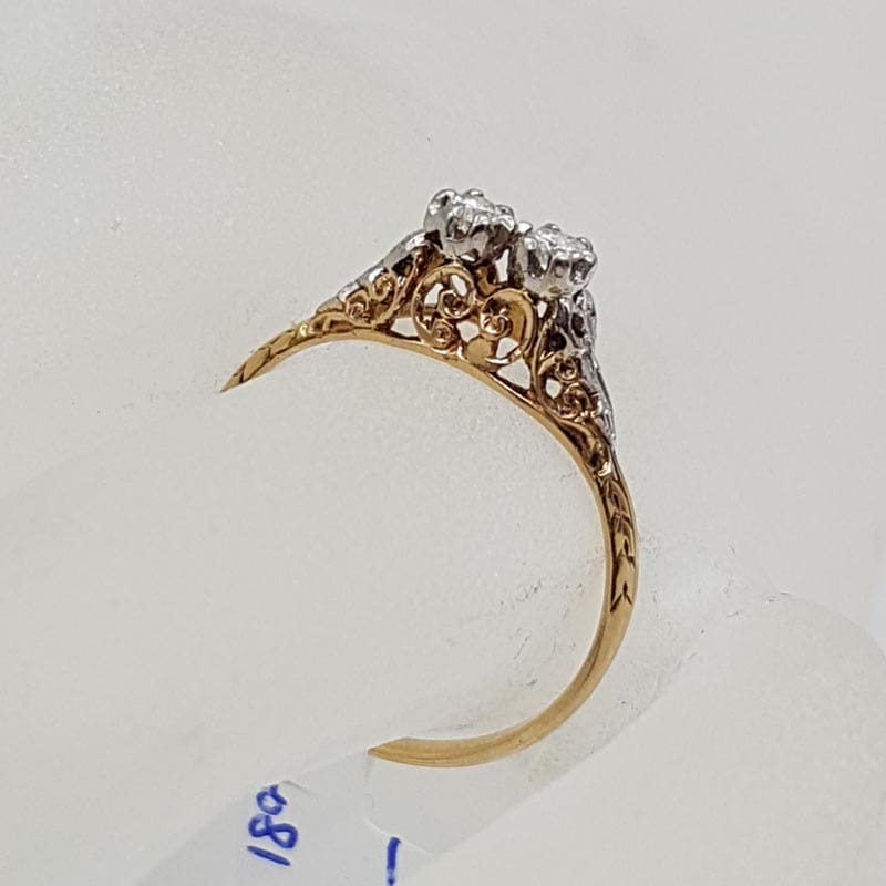 18ct Yellow Gold &amp; Platinum Ornate Filigree "Et Toi Et Moi" Diamond Engagement Ring / Dress Ring - Antique / Vintage