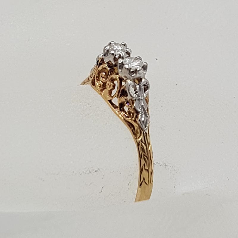 18ct Yellow Gold &amp; Platinum Ornate Filigree "Et Toi Et Moi" Diamond Engagement Ring / Dress Ring - Antique / Vintage