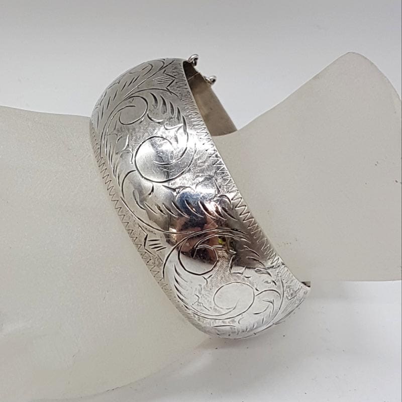 Sterling Silver Wide Ornate Floral Etched Hinged Bangle - Antique / Vintage