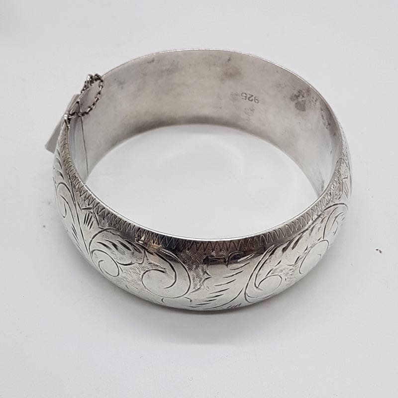 Sterling Silver Wide Ornate Floral Etched Hinged Bangle - Antique / Vintage