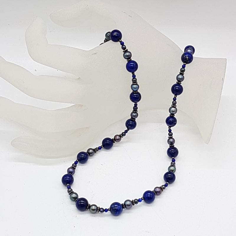 Sterling Silver Lapis Lazuli Blue Bead and Pearl Necklace