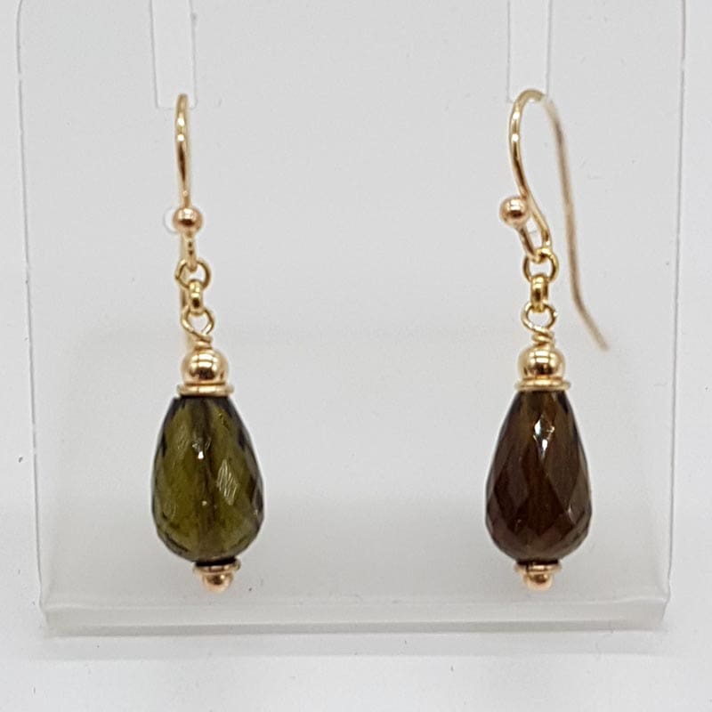 14ct Yellow Gold Smokey Quartz Teardrop / Pear Shape Drop Earrings