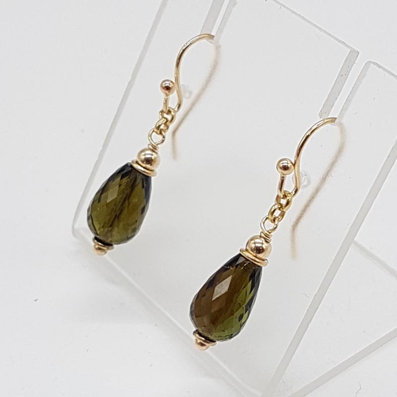 14ct Yellow Gold Smokey Quartz Teardrop / Pear Shape Drop Earrings