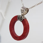 Sterling Silver Coral Round Circle Pendant on Silver Chain