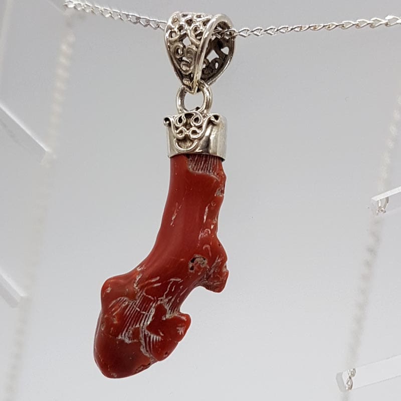 Sterling Silver Unusual Natural Shape Red Coral Pendant on Silver Chain