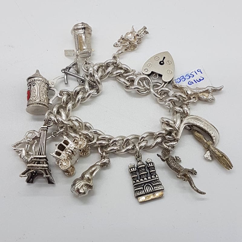 Sterling Silver 13 Charms plus Padlock Bracelet - Vintage