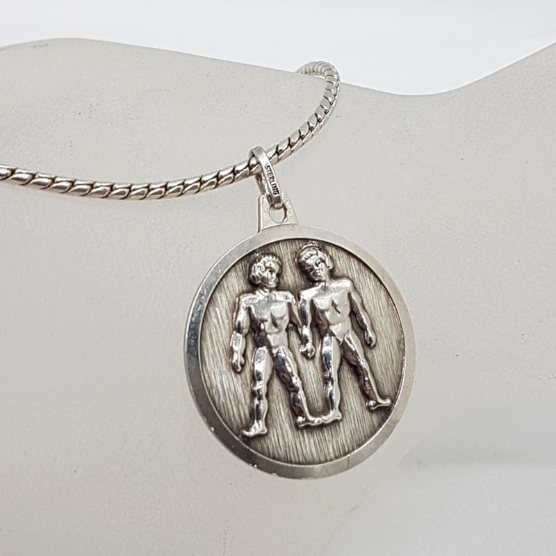 Sterling Silver Gemini Horoscope Round Pendant on Silver Chain - Vintage
