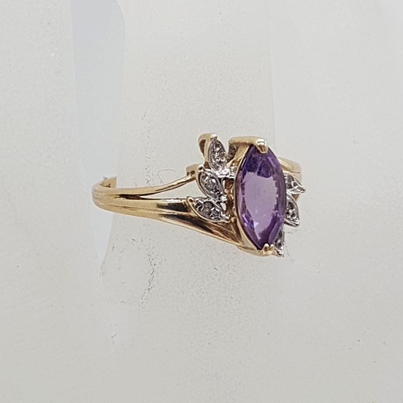 9ct Yellow Gold Marquis Shaped Amethyst with Diamond Leaves Motif Ring