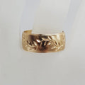 9ct Yellow Gold Wide Matte and Shiny Finish Leaf Design Band Ring - Wedding Ring / Dress Ring - Antique / Vintage