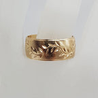 9ct Yellow Gold Wide Matte and Shiny Finish Leaf Design Band Ring - Wedding Ring / Dress Ring - Antique / Vintage