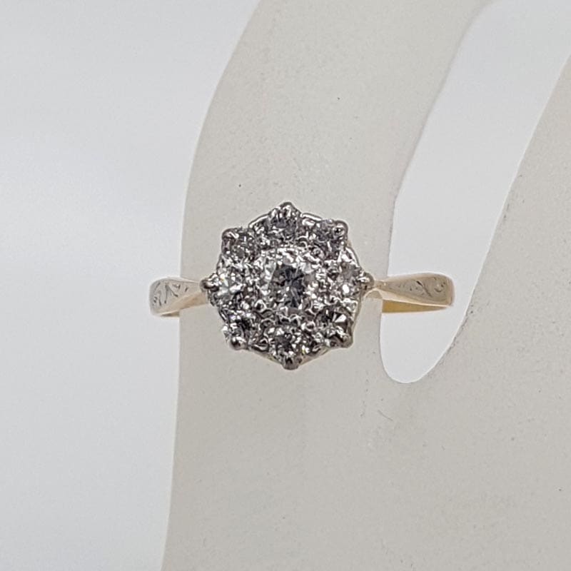 18ct Yellow Gold with Platinum Diamond Daisy Flower Cluster Ring - Antique / Vintage - Engagement Ring / Dress Ring
