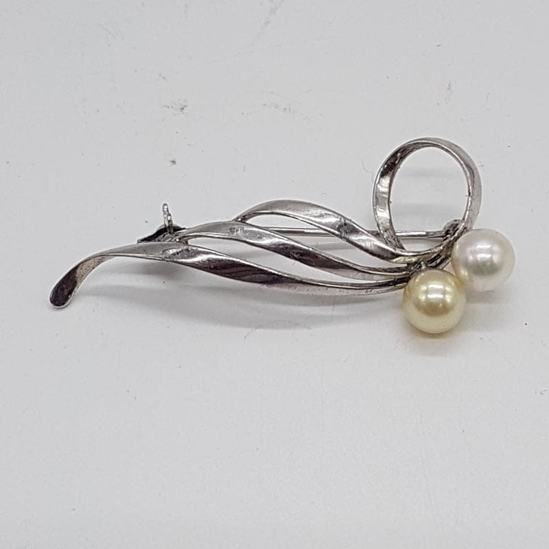 Sterling Silver Two Mikimoto Pearl Swirl Brooch - Antique / Vintage