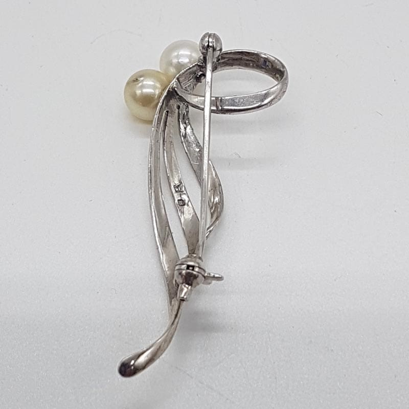 Sterling Silver Two Mikimoto Pearl Swirl Brooch - Antique / Vintage