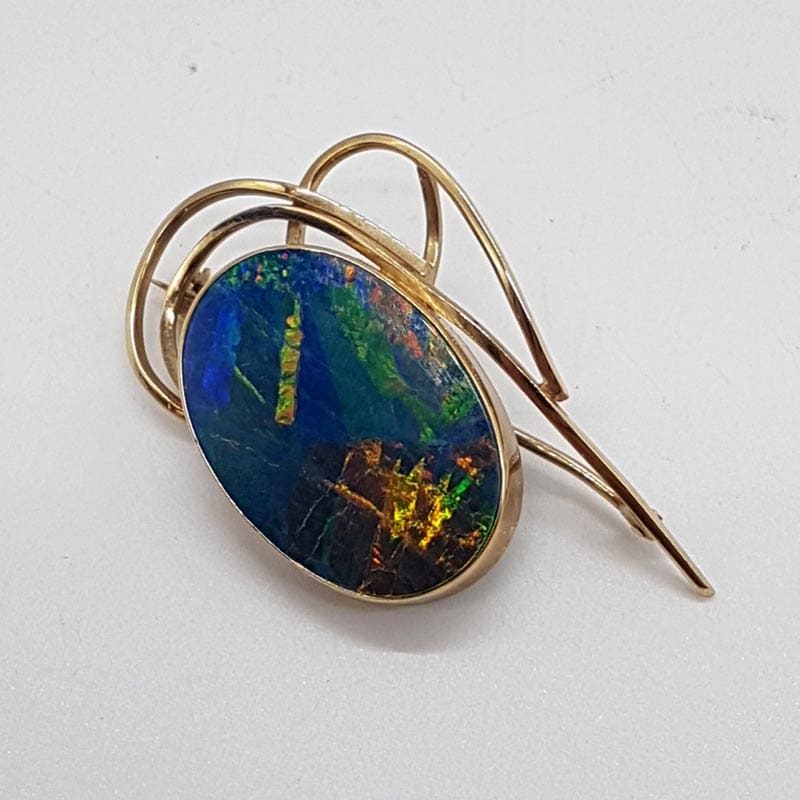 9ct Yellow Gold Oval Opal Blue and Multi-Coloured Large Swirl Brooch - Antique / Vintage