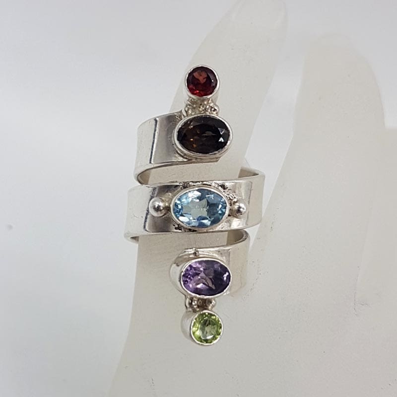 Sterling Silver Multi-Coloured Gemstone Long Twist Ring - Garnet, Smokey Quartz, Topaz, Amethyst, Peridot