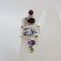 Sterling Silver Multi-Coloured Gemstone Long Twist Ring - Garnet, Smokey Quartz, Topaz, Amethyst, Peridot