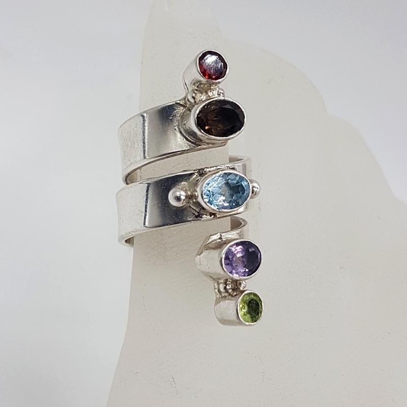 Sterling Silver Multi-Coloured Gemstone Long Twist Ring - Garnet, Smokey Quartz, Topaz, Amethyst, Peridot