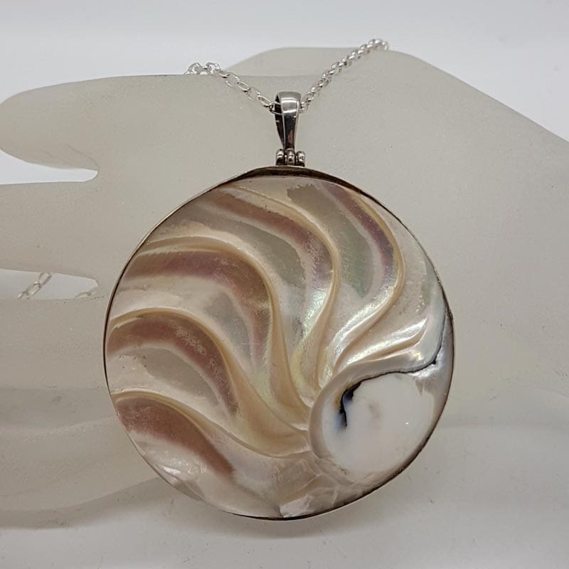 Sterling Silver Large Mother of Pearl Round Swirl Pendant on Silver Chain