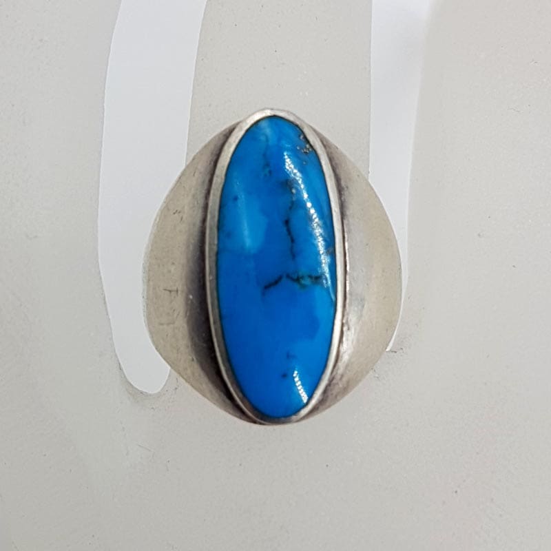 Sterling Silver Oval Large Blue Ring - Vintage