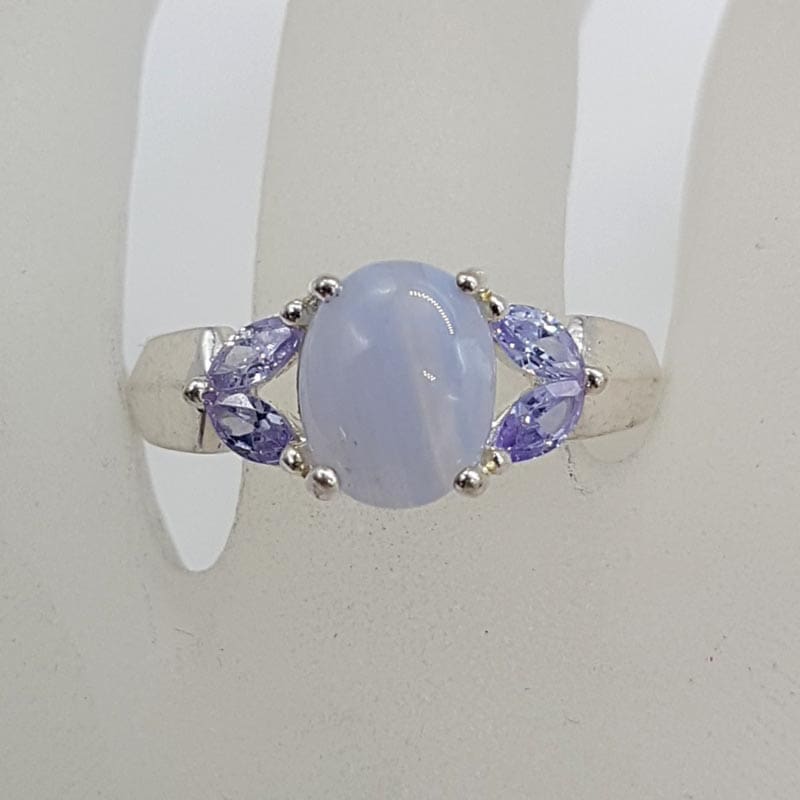 Sterling Silver Oval Blue Lace Agate and Cubic Zirconia Ring