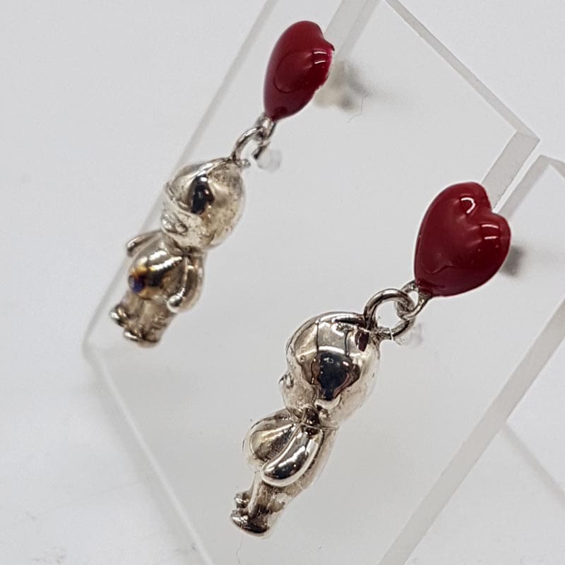 Sterling Silver and Enamel Kewpie / Cupie Doll Heart Drop Earrings
