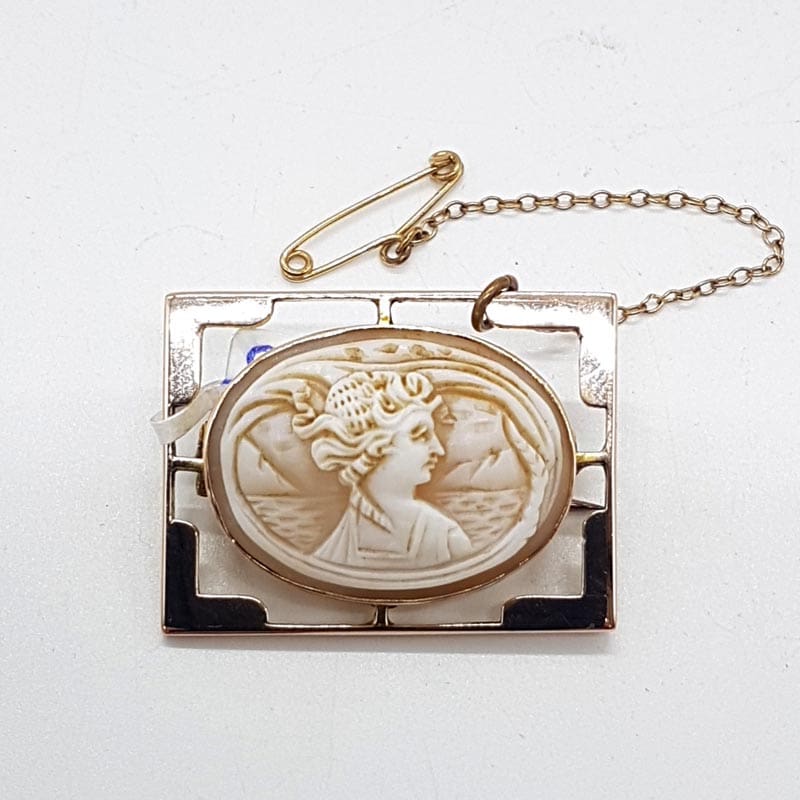 9ct Rose Gold Intricate Design Oval Ladies Head Cameo in Rectangular Brooch - Antique / Vintage