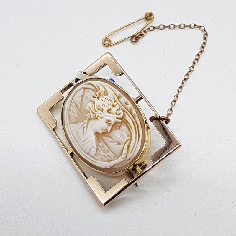 9ct Rose Gold Intricate Design Oval Ladies Head Cameo in Rectangular Brooch - Antique / Vintage