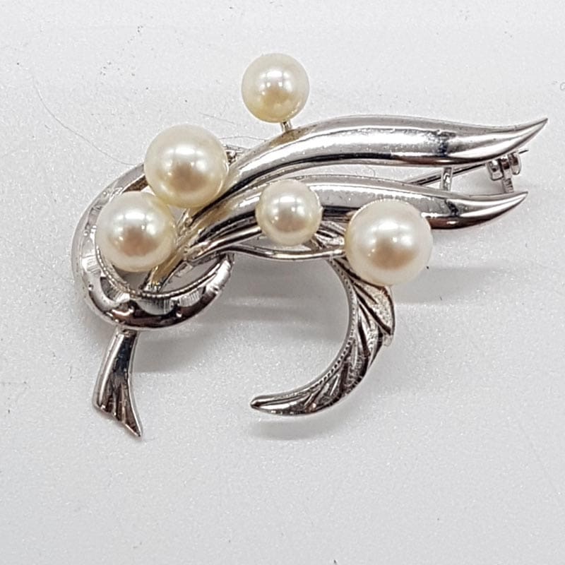 Sterling Silver with 5 Cultured Pearls Ornate Spray Brooch - Vintage