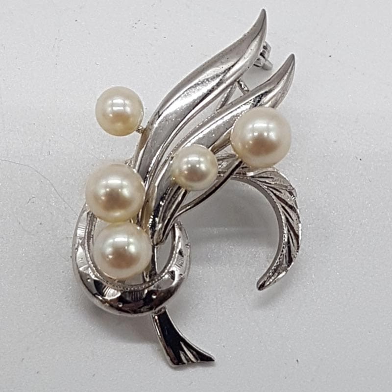Sterling Silver with 5 Cultured Pearls Ornate Spray Brooch - Vintage