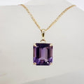 9ct Yellow Gold Rectangular Claw Set Amethyst Pendant on Gold Chain