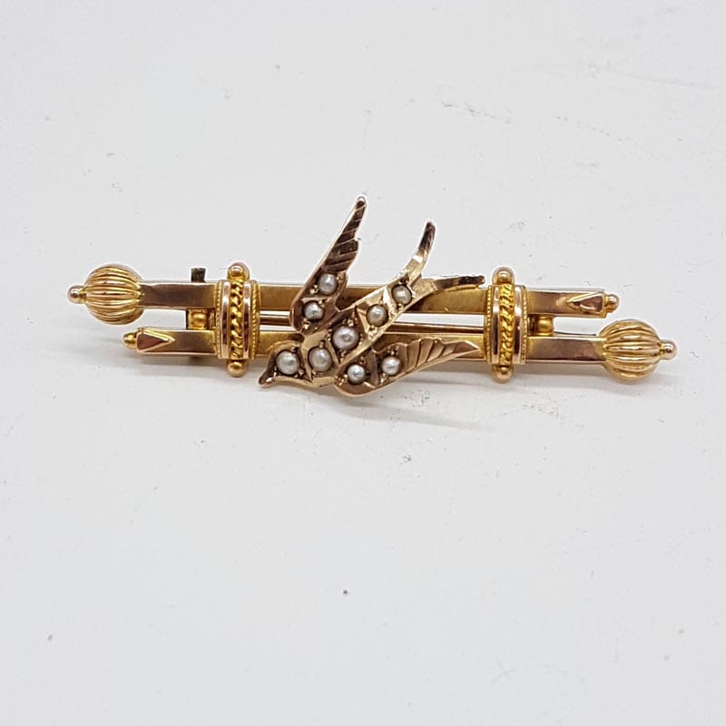 9ct Yellow Gold Seed Pearl Swallow Bird Brooch - Antique / Vintage