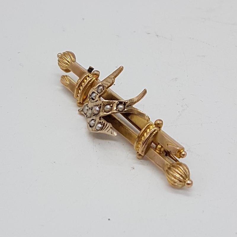 9ct Yellow Gold Seed Pearl Swallow Bird Brooch - Antique / Vintage