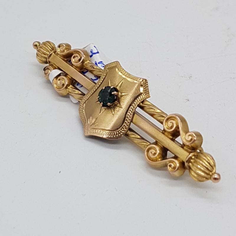 9ct Yellow Gold Green Shield Ornate Bar Brooch - Willis &amp; Sons - Antique / Vintage