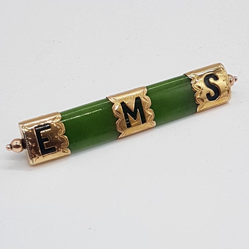 14ct Yellow Gold New Zealand Green Stone / Jade with EMS Initialed Ornate Bar Brooch - Antique / Vintage