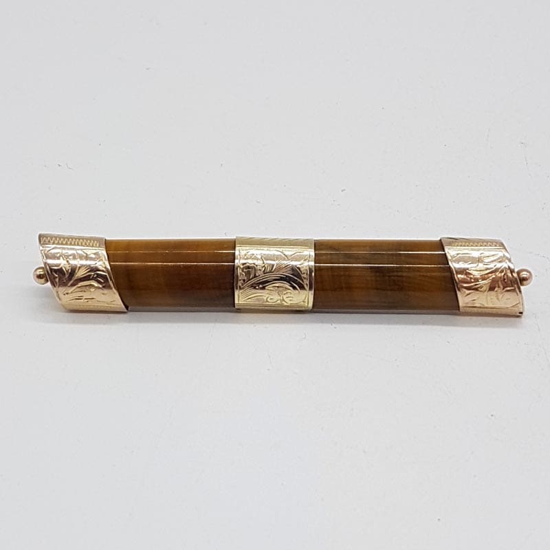 9ct Yellow Gold Tiger Eye Ornate Bar Brooch - Antique / Vintage
