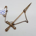 15ct Yellow Gold Seed Pearl Sword Bar Brooch - Antique / Vintage